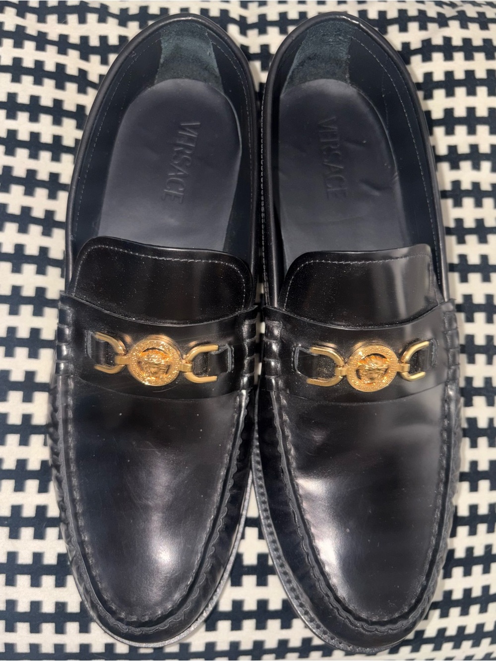 Versace Men’s Black Leather Loafers with Gold Medallion